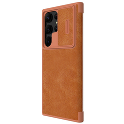 Кожаный чехол книжка коричневого цвета от Nillkin для Samsung Galaxy S23 Ultra, серия Qin Pro Leather с защитной шторкой для камеры