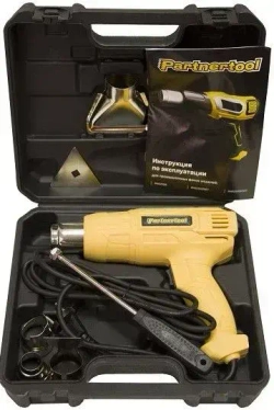 Фен промышленный-строительный Partnertool PHG2000SET, 2кВт, 2 режима 300-600С, 500л/мин, 6 насадок, КЕЙС