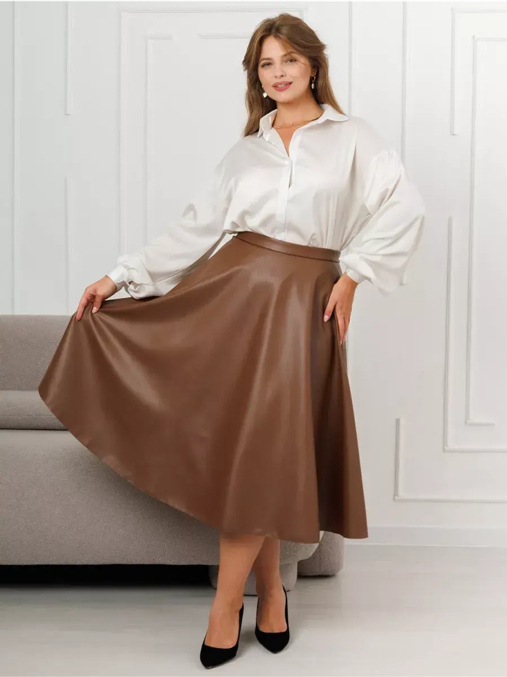 Юбка кожаная миди трапеция