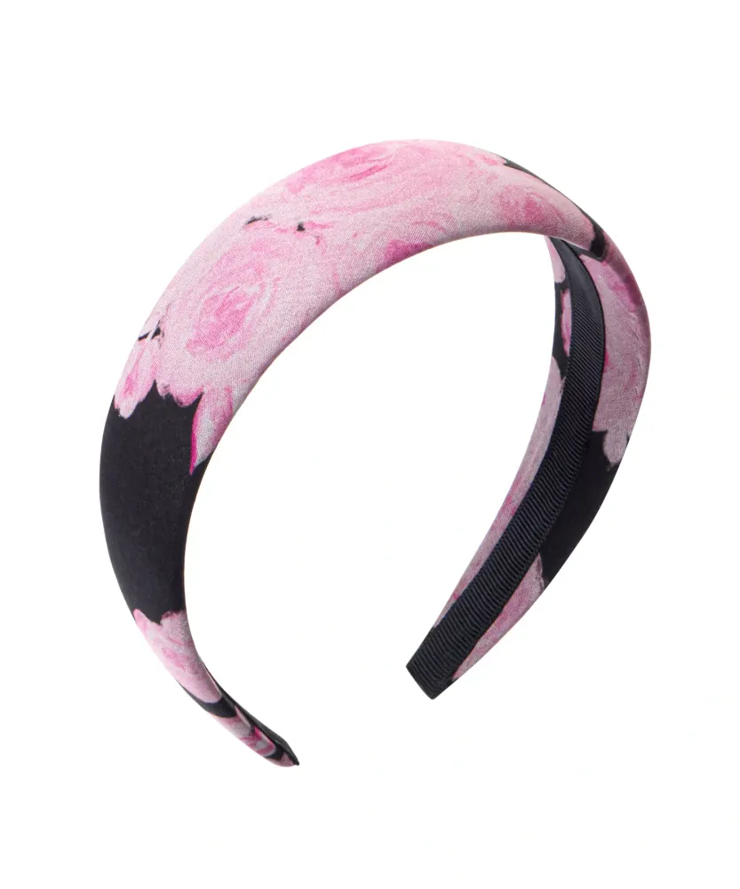 Noelia, ободок широкий из черного шифона с крупными розовыми цветами