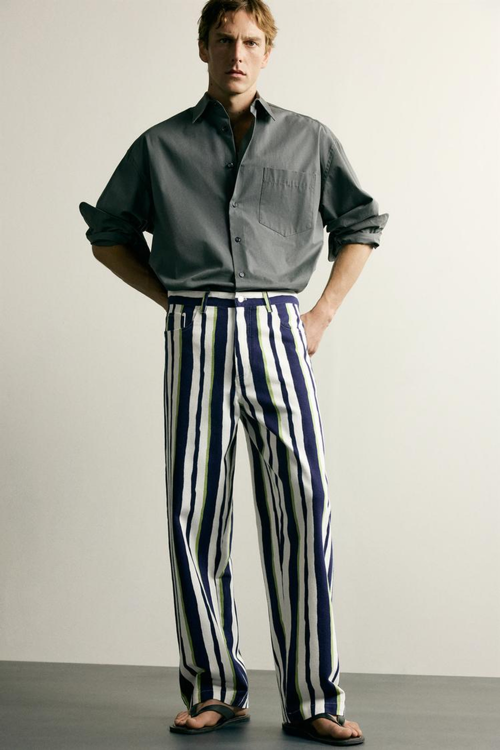 ZARA БРЮКИ STRAIGHT FIT В ПОЛОСКУ, МОРСКОЙ СИНИЙ