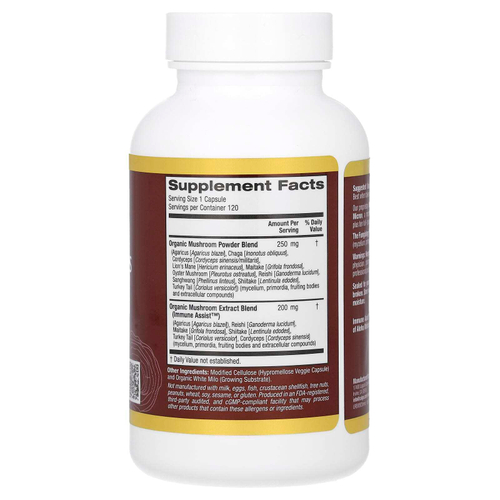 California Gold Nutrition, Fungiology, MushRex Plus, комплекс из 10 грибов полного спектра с агариком, чагой, кордицепсом и ежовиком гребенчатым, 120 капсул Plantcaps