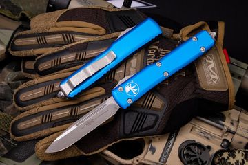 Microtech Ultratech S/E - нож автомат., синяя алюм. рук-ть, клинок апокалиптик
