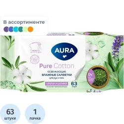 Салфетки влажные AURA освежающие для всей семьи 63шт.