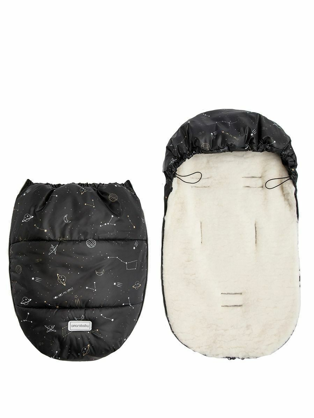 Конверт зимний меховой AMAROBABY Snowy Baby Космос, черный, 85 см.
