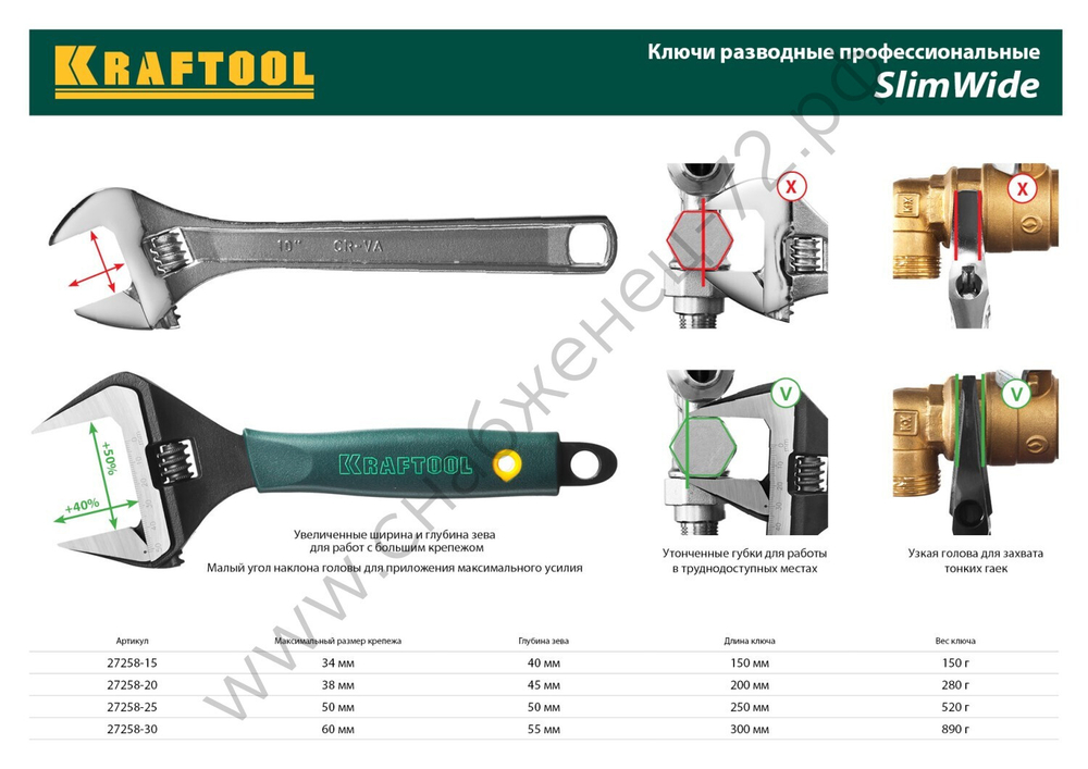 KRAFTOOL SlimWide, 250 / 50 мм, Разводной ключ (27258-25)
