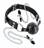 Жесткий шар-кляп с зажимами для сосков (Цвет: черный)