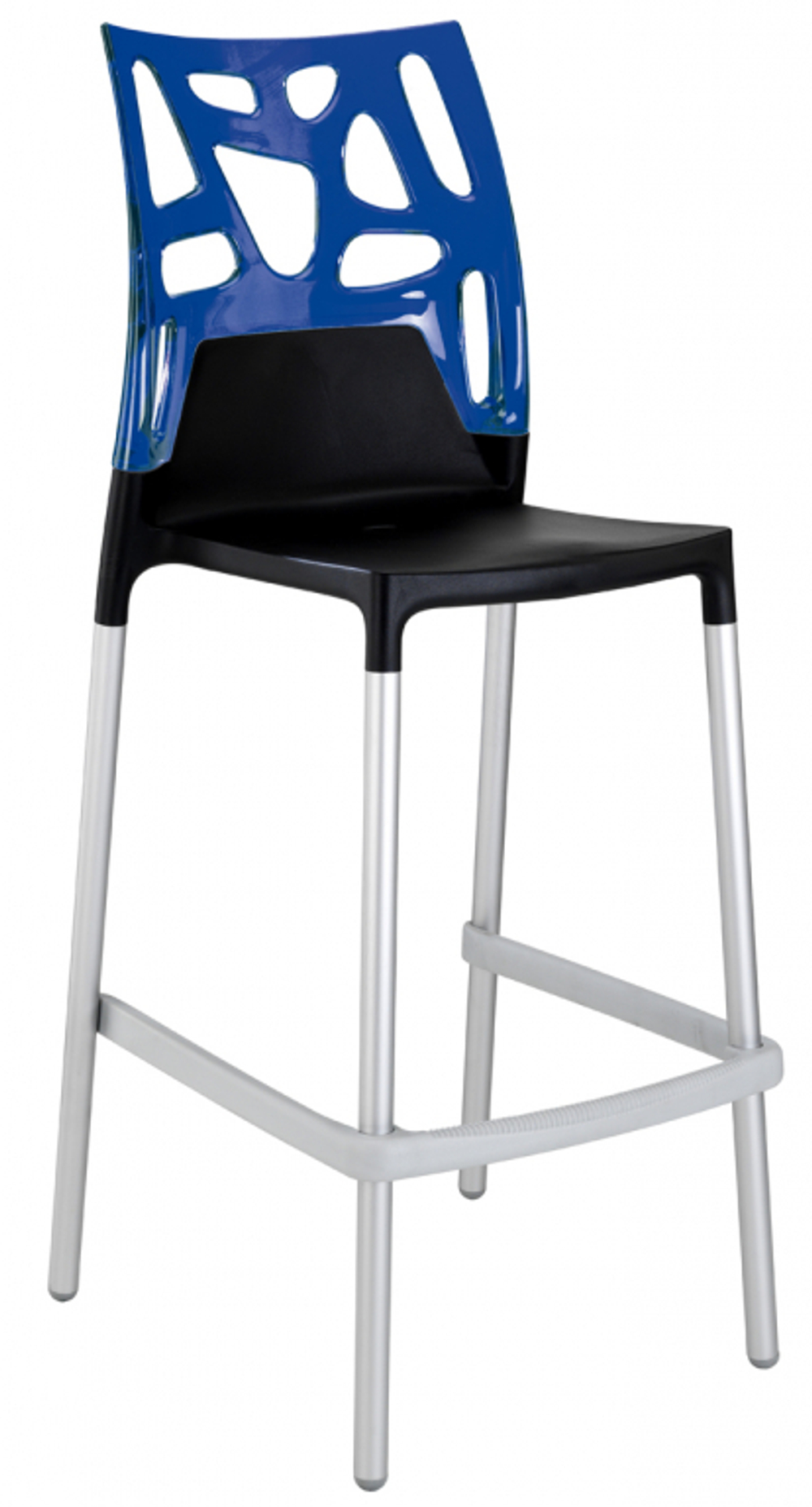 Стул пластиковый барный Papatya Ego-Rock Bar, сатинированный алюминий, черный матовый, синий