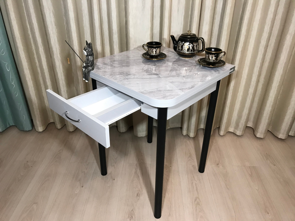 Раскладной стол с ящиком на черных ножках Grey Marble