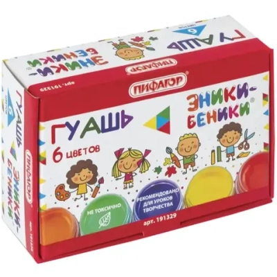 Гуашь 6 цветов Пифагор «ЭНИКИ-БЕНИКИ» по 10 мл без кисти картонная упаковка (12/48)