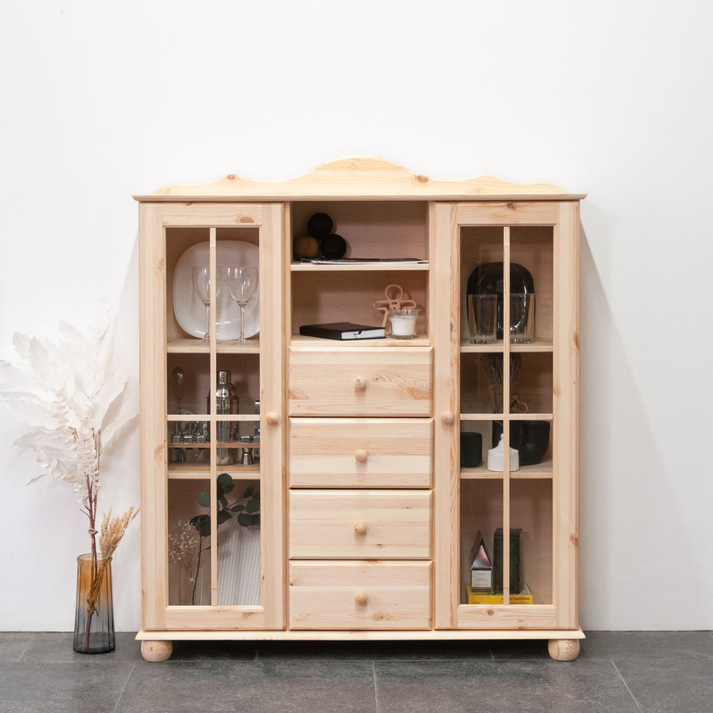 Шкаф-витрина 2 двери 4 ящика Бритта из массива сосны, 113х32х128 см, в прозрачном лаке