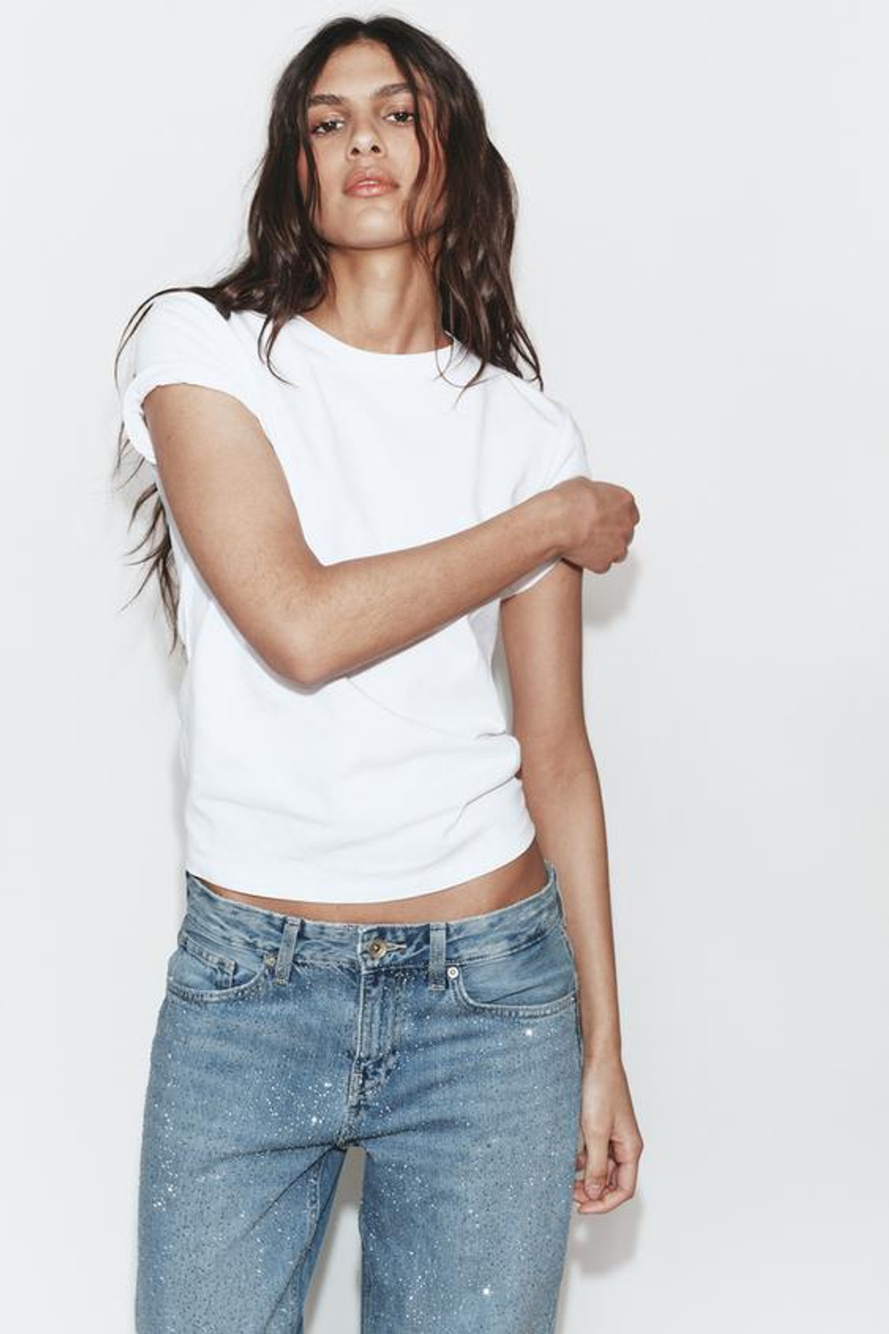 ZARA ДЖИНСЫ TRF ПРЯМОГО КРОЯ С НИЗКОЙ ПОСАДКОЙ И БЛЕСТКАМИ, МОРСКОЙ СИНИЙ