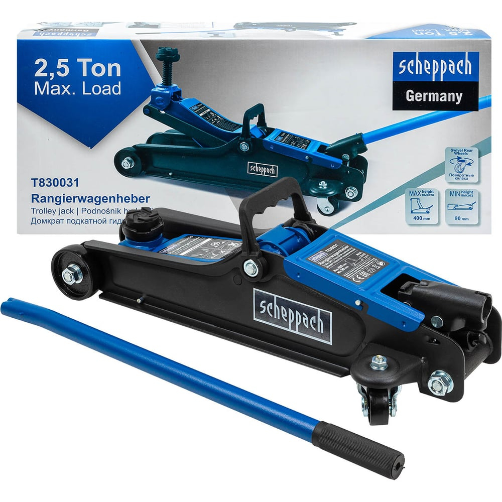 Домкрат подкатной гидравлический Scheppach 2.5т h min 90мм, h max 400мм Sch-T830031(58996)