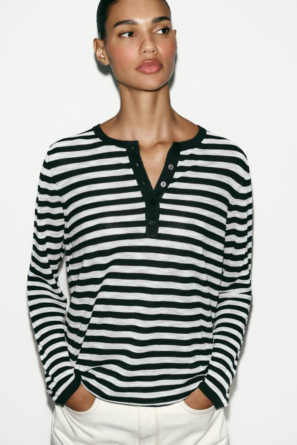 ZARA СВИТЕР В ПОЛОСКУ С ПУГОВИЦАМИ, ТЕМНО-СИНИЙ/БЕЛЫЙ