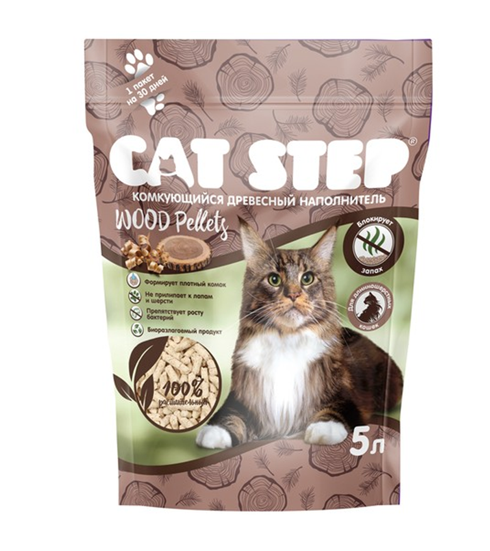 Cat Step комкующийся растительный Wood Pellets 5 л