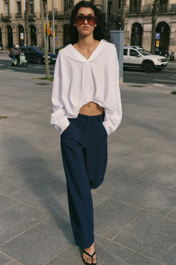 ZARA РУБАШКА ИЗ СМЕСОВОГО ЛЬНА С ОБЪЕМНЫМ НИЗОМ, БЕЛЫЙ