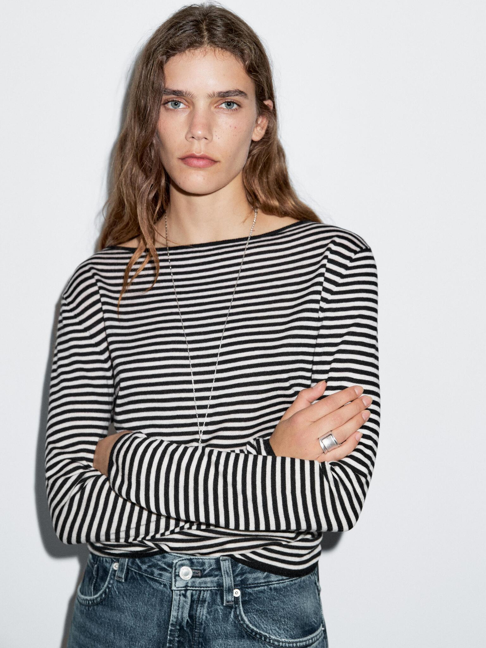 Massimo Dutti Свитер в полоску с длинными рукавами, черный