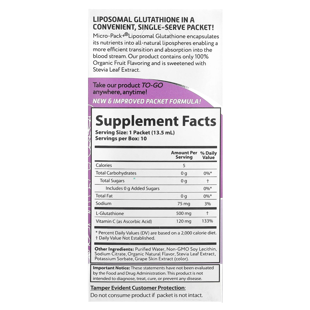 Aurora Nutrascience, Micro-Pack + ®, липосомальный глутатион, 10 пакетиков по 13,5 мл (0,46 жидк. Унции)