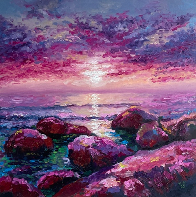 Картина маслом на холсте "Сиреневый закат". 50х50 см. Деревянный подрамник. Художник Наталия Осадчук