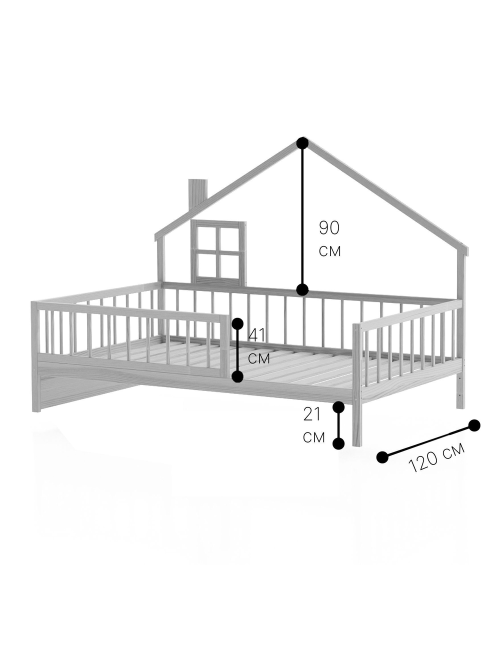 Кровать-домик односпальная 120х200 Локи с настилом из массива сосны для детской комнаты, серая
