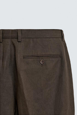 ZARA КОСТЮМНЫЕ БРЮКИ ИЗ 100% ЛЬНА, ТЕМНО-КОРИЧНЕВЫЙ