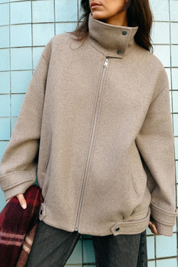 ZARA БОМБЕР ИЗ ШЕРСТИ С ВЫСОКИМ ВОРОТНИКОМ, СВЕТЛЫЙ СЕРО-КОРИЧНЕВЫЙ