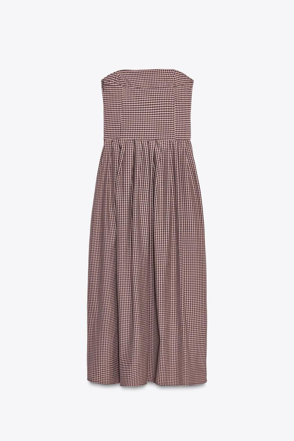 ZARA ПЛАТЬЕ МИДИ БЕЗ БРЕТЕЛЕЙ В КЛЕТКУ ВИШИ, ТЕМНО-РОЗОВЫЙ