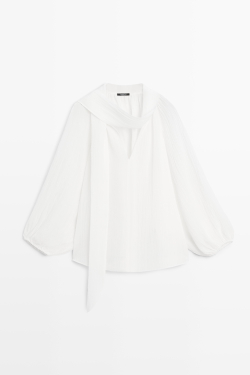 Massimo Dutti Блуза из струящейся ткани с V-образным вырезом и завязками, белый
