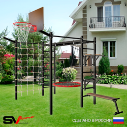 Уличная шведская стенка Sv Sport рукоход с комплектом турник прямой 2шт У5537К (Брусья/Стойка/Скамья/Гнездо 80см/Щит баскет/Кронш бокс/Сетка)