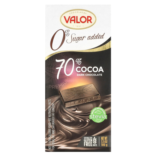 Valor, 0% сахара, 70% какао, темный шоколад, 100 г (3,5 унции)