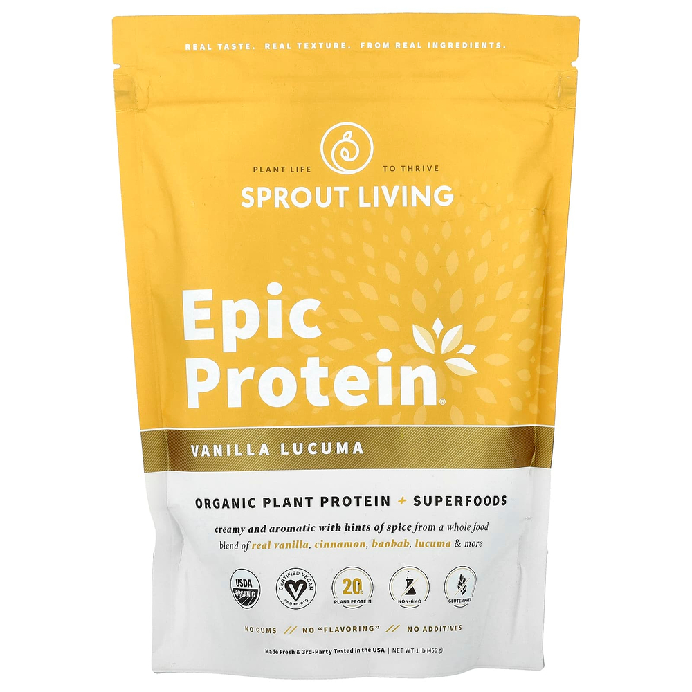 Sprout Living, Epic Protein®, органический растительный протеин и суперпродукты, ваниль и лукума, 456 г (1 фунт)
