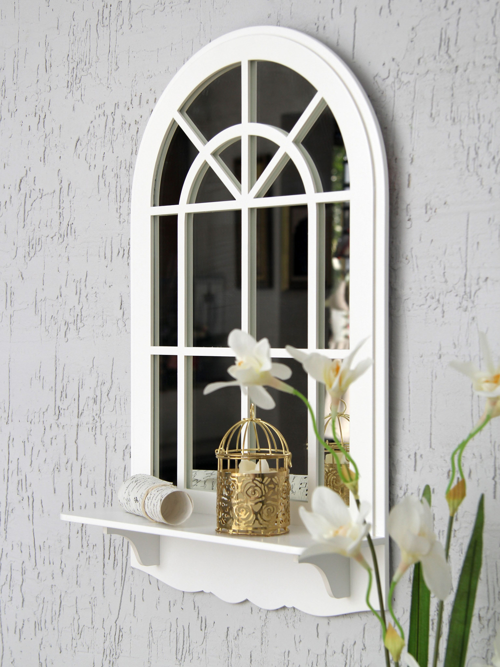 Декор для дома и интерьера "Зеркальное окно-арка с полочкой" 36*60 см