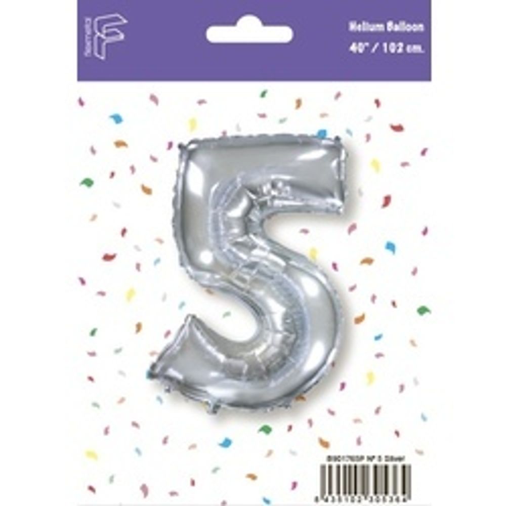 Шар (40''/102 см) Цифра, 5, Серебро, 1 шт. в уп.