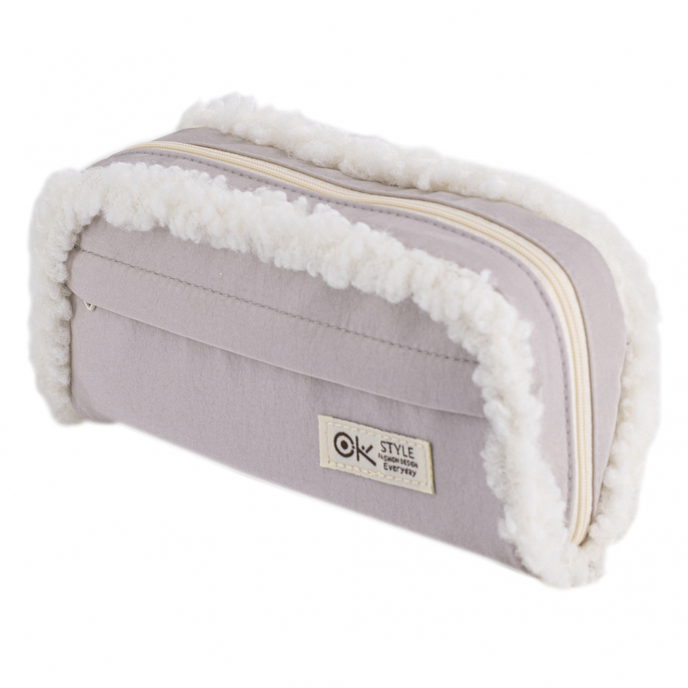 Пенал - косметичка Alingar, ткань, молния, боковой карман, карман-сеточка, плюш отделка, 200 х 90 х 45 мм, "OK. Style", микс (корич, св-серый, св-роз)