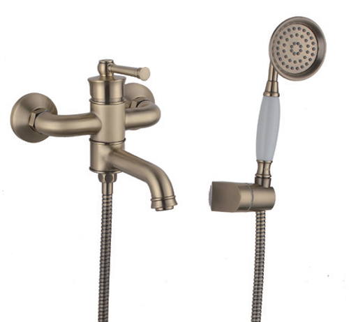 Смеситель для ванны однорычажный латунный V273531-D с коротким изливом и душем, бронза