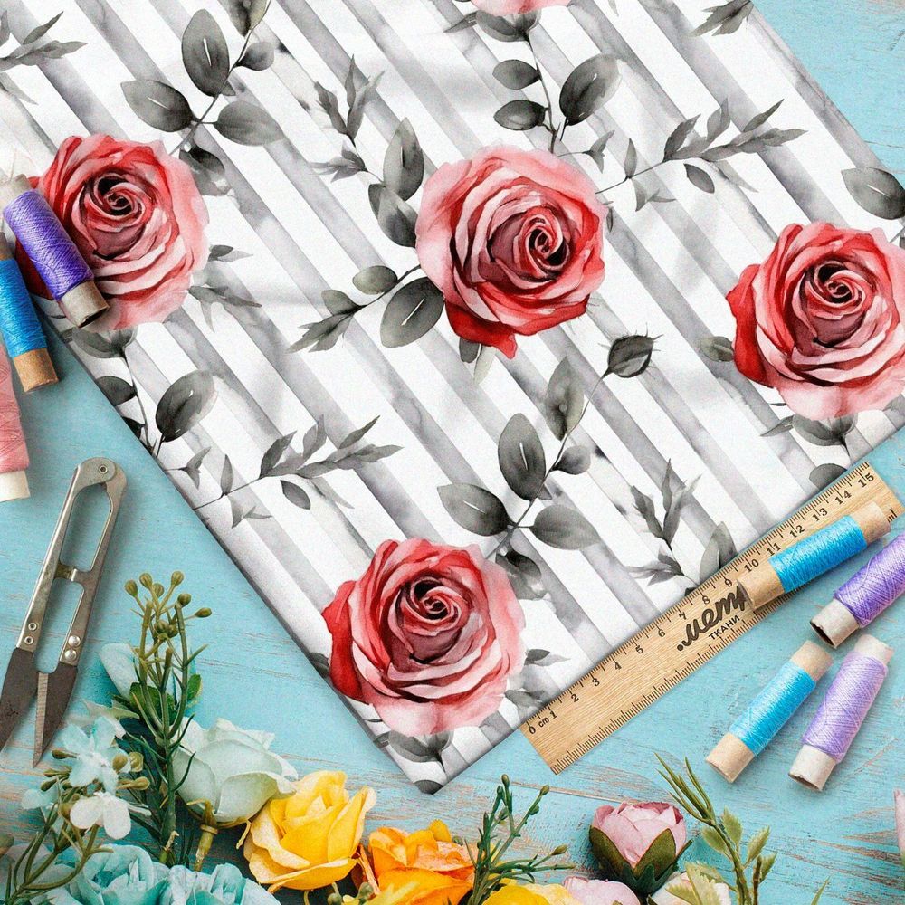 Ткань премиум мембрана розы на серых полосках