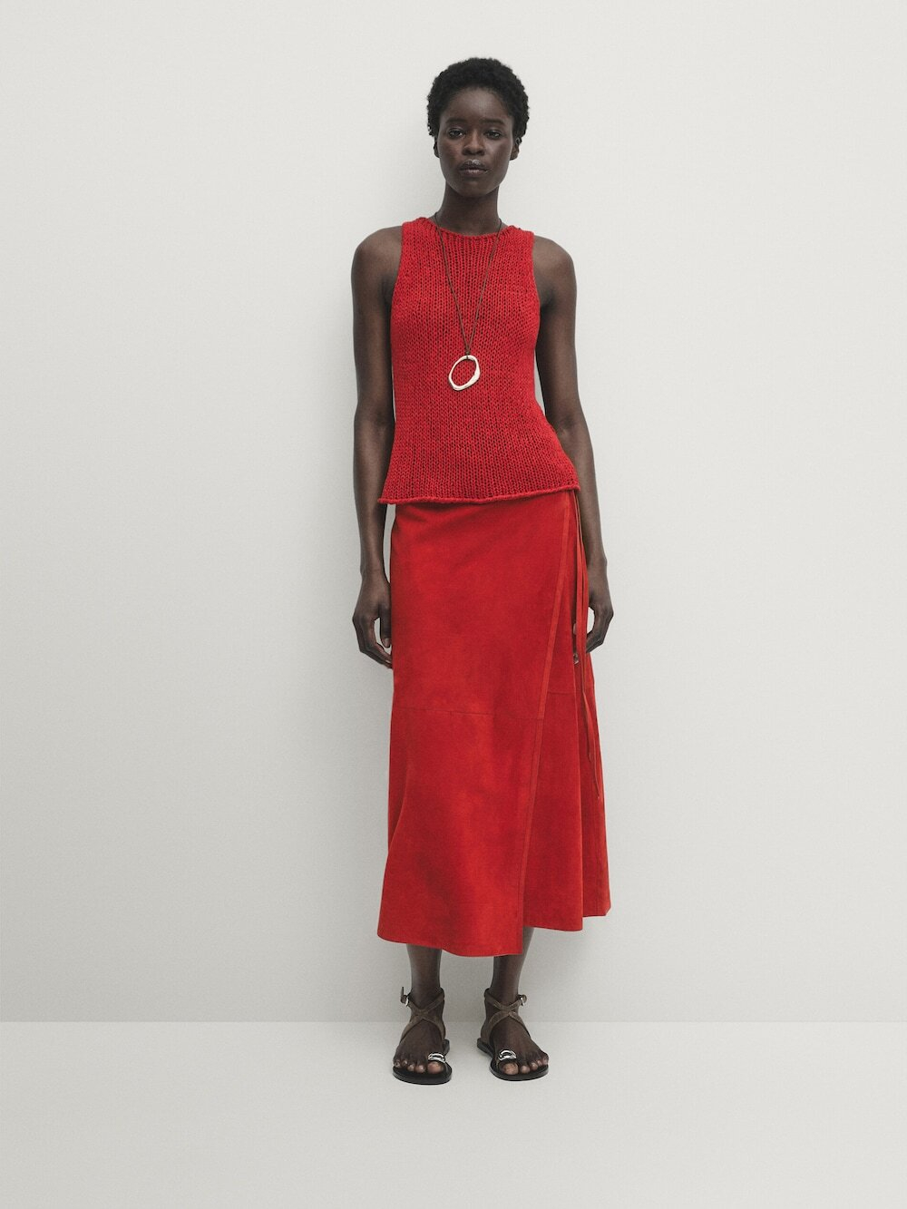 Massimo Dutti Однотонный трикотажный топ с круглым вырезом, красный