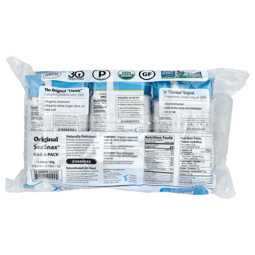 SeaSnax, Органические водоросли, оливковое масло высшего качества и морская соль, 6 пакетиков по 5 г (0,18 унции)
