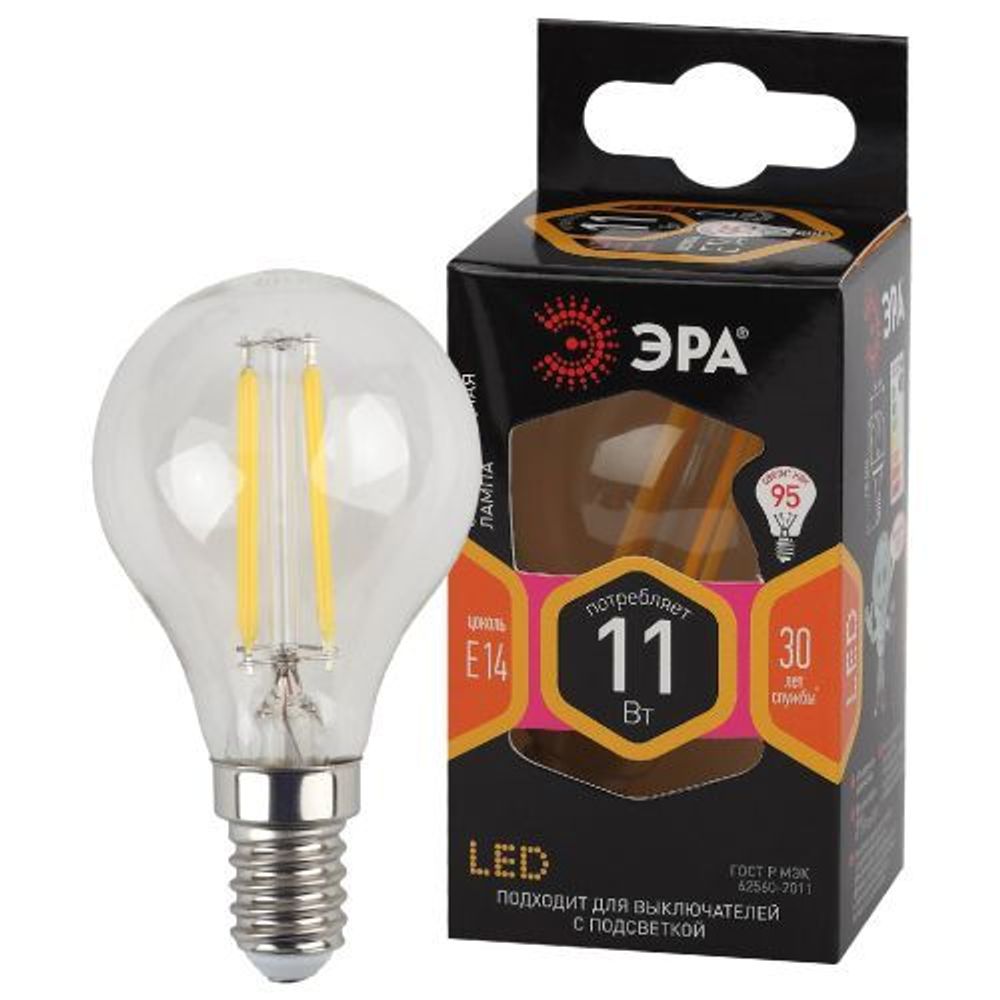 Лампа светодиодная филаментная F-LED P45-11w-827-E14 P45 11Вт шар E14 тепл. бел. ЭРА Б0047012 Лампа светодиодная филаментная F-LED P45-11w-827-E14 P45 11Вт шар E14 тепл. бел. ЭРА Б0047012