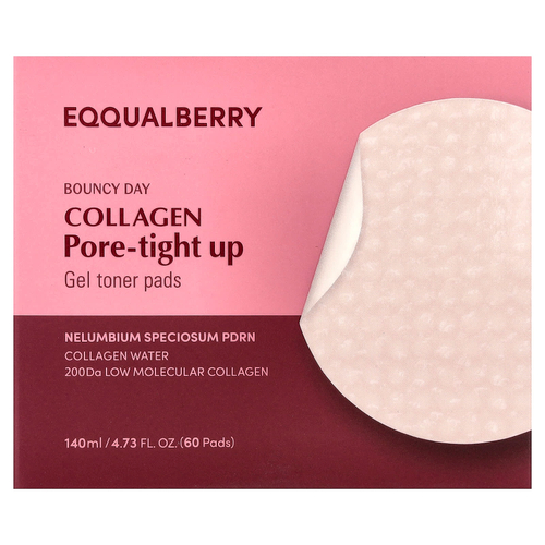 EQQUALBERRY, Bouncy Day, Collagen Pore-Tight Up, гелевые тонизирующие диски, с коллагеном, 60 шт.
