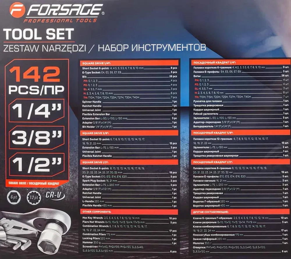 Набор инструментов 142 пр.1/4''3/8''1/2''(6-гр.)(4-32мм) Forsage F-41421-5