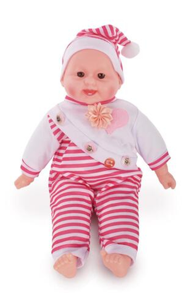 Пупс в комбинезоне и колпаке в полоску Малиновый в упаковке 16x35x8см. (Hand)