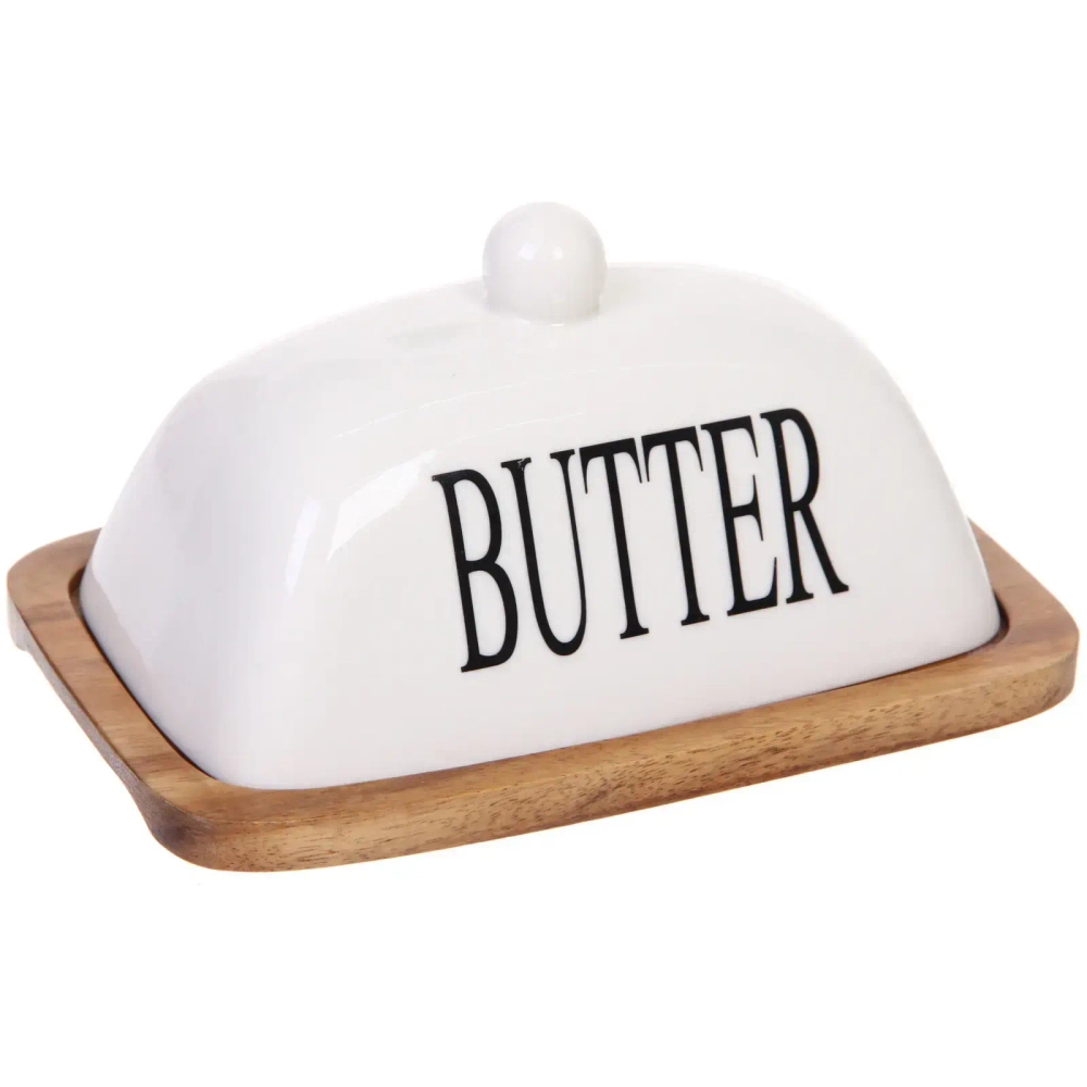 Масленка деревянная «White magic» 18*11,5*7см с крышкой из керамики, белая