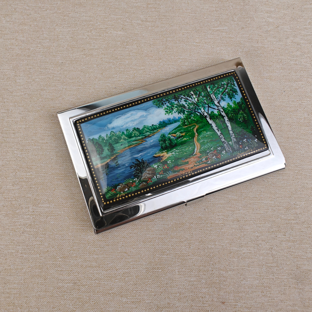 Визитница металлическая персональная "Русские березки" (ручная роспись Палех)