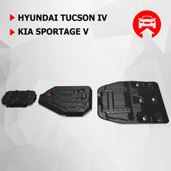 Защита картера, КПП, топливного бака и редуктора АвтоБроня для Hyundai Tucson IV (V - 2.0 (150 л.с.); 2.0D) 2021-н.в./Kia Sportage V (V - 2.5) 2021-н.в., штампованная, сталь 1.5 мм, 3 части, с крепежом, K111.02390.1