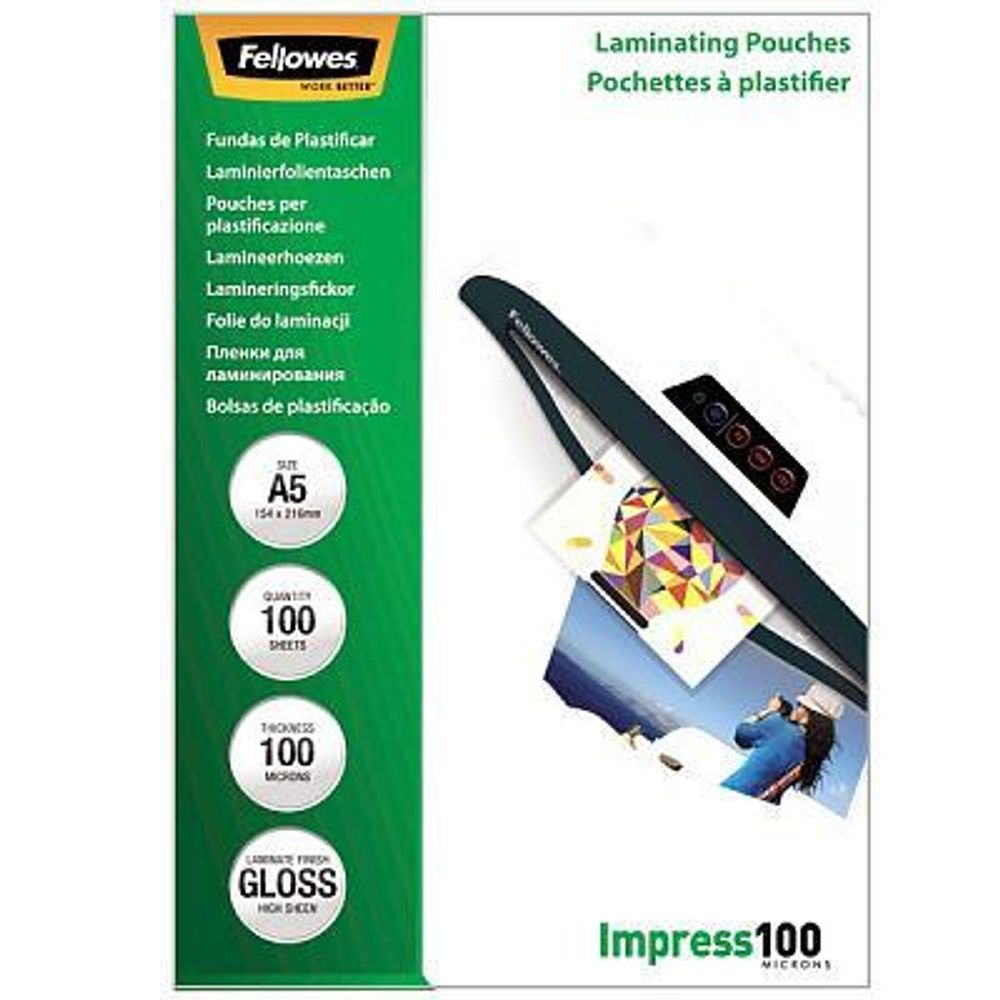 Пленки для ламинирования Fellowes®, A5, глянцевая, 100 мкм, 100 шт, трехслойная структура: ПВХ + ПЭТ + ЭВА