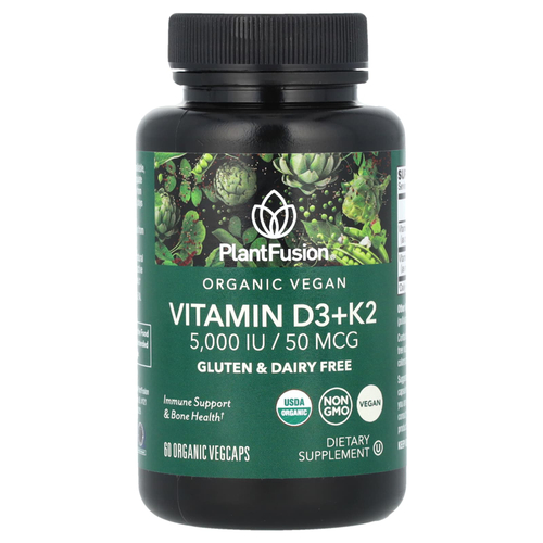 PlantFusion, Органический веганский витамин D3 + K2, 5000 МЕ / 50 мкг, 60 органических вегетарианских капсул
