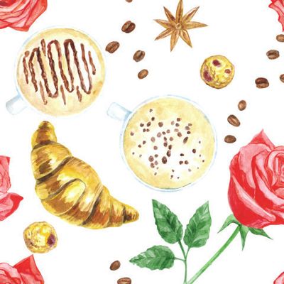 Завтрак по-Парижски: капучино, розы, круасаны, корица