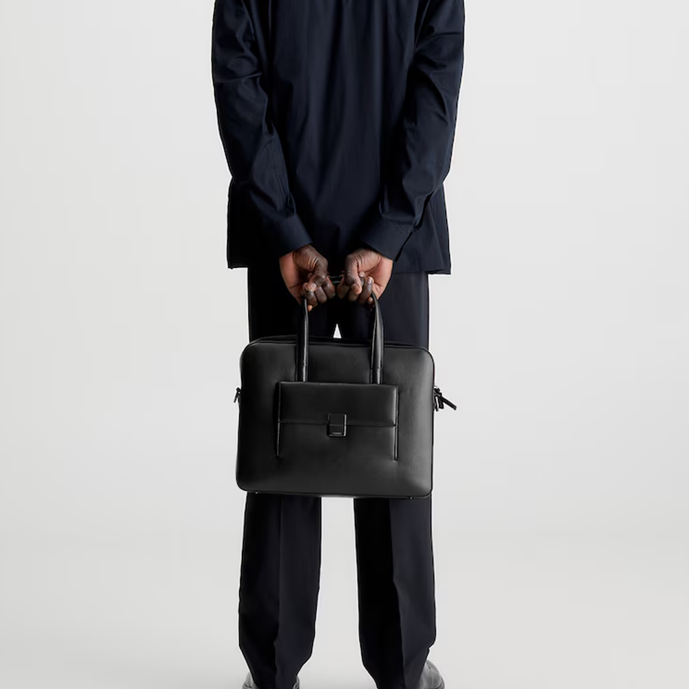 CALVIN KLEIN Recycled Polyester Water Based PU Polyurethane Portable Briefcase Laptop Bag Men"s Black