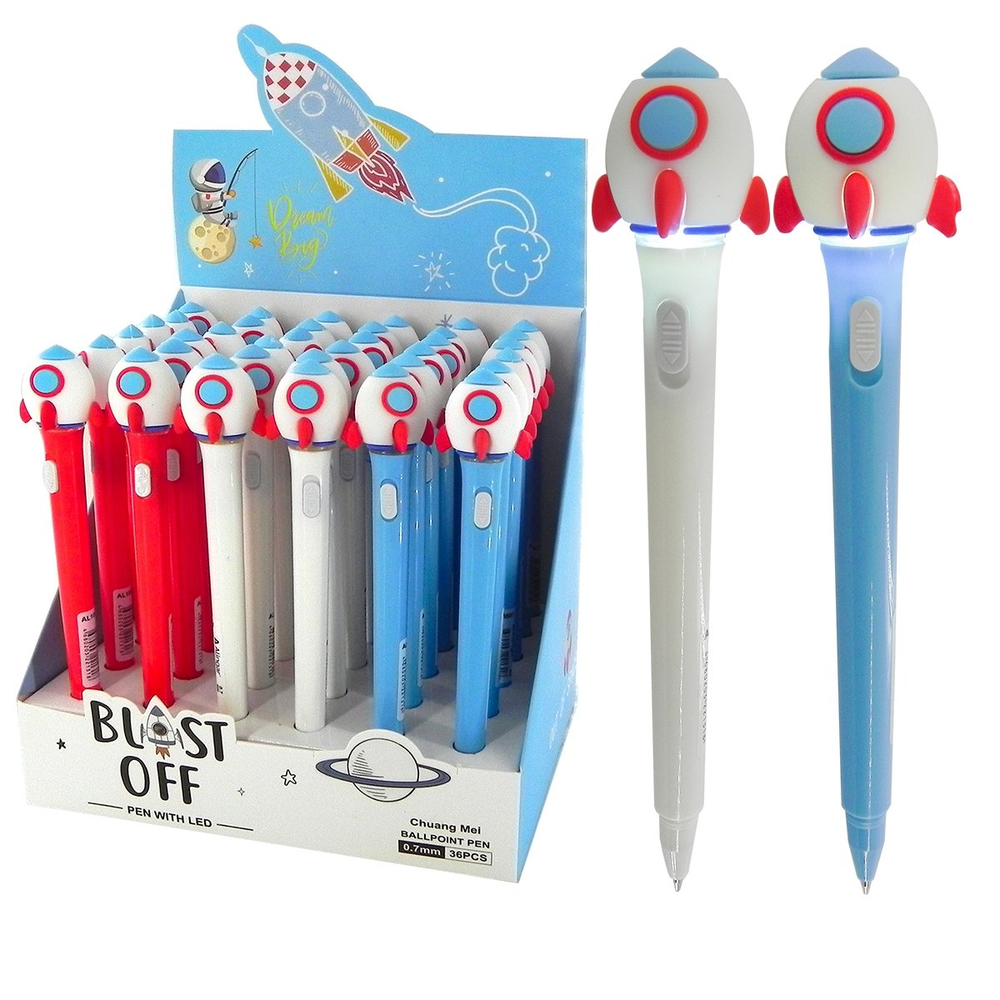 Ручка шариковая Alingar, " Ракета ", 0,7 мм, синяя, с подсветкой, круглый, цветной, пластиковый корпус, карт. уп.